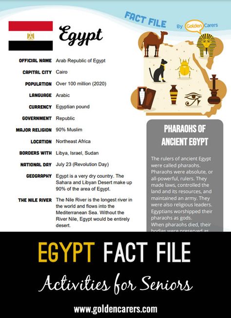 Egypt Fact File: An attractive one-page fact file all about Egypt. Print, distribute and discuss! Cultural Day Crafts, Facts About Egypt, Egypt Facts, Catholic Classroom, Egypt Country, Egypt Lessons, Multicultural Activities, Ancient Egypt Projects, Egyptian Crafts