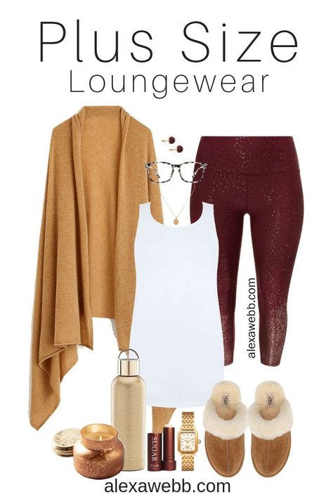 Plus Size Fall Loungewear - Cashmere Wrap, Sparkle Leggings, Tank Top, Ugg Slippers - Plus Size Fashion for Women - alexawebb.com #plussize #alexawebb Plus Size Herbst, Fall Loungewear, Boss Fashion, Slippers Outfit, Sparkle Leggings, Camel Sweater, Alexa Webb, Plus Zise, College Survival