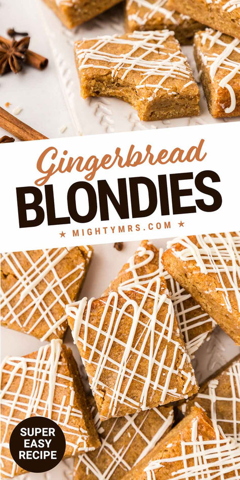 Gingerbread Blondies Soft Bake Gingerbread Cookies, Gingerbread Cookie Bars Easy, Christmas Desserts Gingerbread, Gingerbread Blondies Recipe, Christmas Desserts Bars, Christmas Cookie Bars Easy, Easy Christmas Bars Recipes, Christmas Blondie Bars, Holiday Brownies Christmas