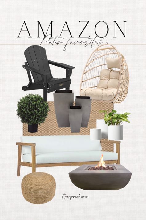 Bhg Outdoor Furniture, Black Adirondack Chairs Fire Pit, Black Adirondack Chairs On Porch, Adirondack Chairs Patio Ideas, Black Adirondack Chairs, Faux Greenery Outdoor, Outdoor Rug Patio, Ottoman Outdoor, Chair Planter