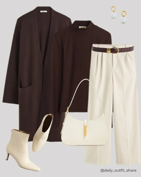 Rich espresso brown is always a good idea! ☕️  *Affiliate | This post contains affiliate links, meaning I earn a commission at no extra cost to you.  casual outfit, autumn outfit, wool cardigan, brown cardigan,turtleneck top, elegant trousers, tailored trousers, ankle boots, heeled boots, timeless outfit, classic outfit, outfit idea, outfit inspiration, women’s casual outfit, neutrals, virtual styling Brown Trousers Outfit Women, Brown Turtleneck Outfit, Trip Capsule Wardrobe, Brown Trousers Outfit, Brown Cardigan Outfit, Elegant Trousers, Outfit Classic, Outfit Inspiration Women, Turtleneck Outfit