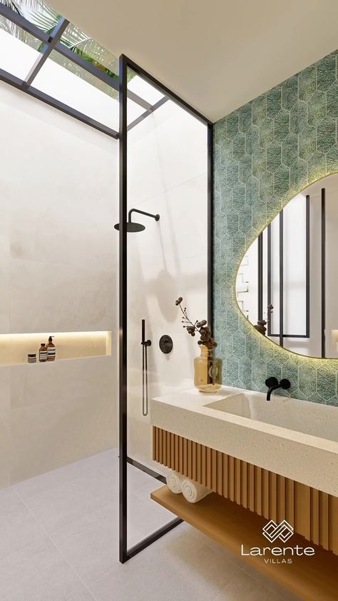 Indulge in ultimate luxury with a skylight in your bathroom, flooding the space with natural light and providing the sensation of showering… | Instagram Open To Sky Bathroom Natural Light, Bathroom With Sky Light, Natural Light Shower Ideas, Skylight Bathroom Ideas, Bathroom Skylight Ideas, Sky Light Bathroom, Skylight In Bathroom, Bathroom Interior Design Luxury Modern, Bathroom With Skylight