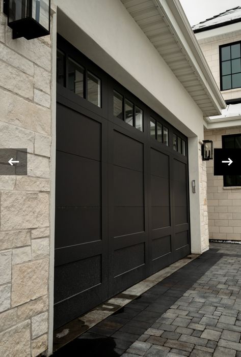 Black Garage Door, Exterior Garage Door, Black Garage Doors, Contemporary Garage Doors, Aluminium Garage Doors, Double Garage Door, Garage Door House, Black Garage, Garage Door Windows