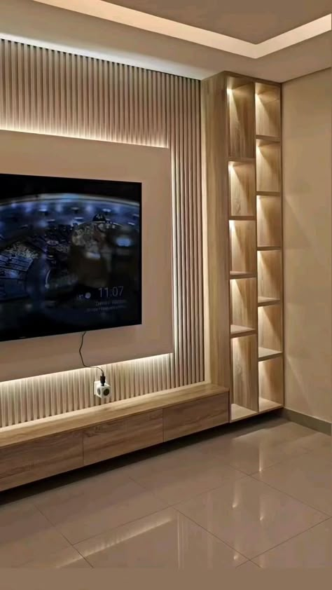 Tv Unit Design Modern Living Luxury, Tv Wall Design Luxury, Tv Wall Design Modern Luxury, Tv Cabinet Design Modern, Room Cupboard, Luxury Tv Wall, Luxury Interior Design Living Room, Wall Niches, Modern Tv Unit Designs