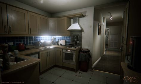 Allison Road - Official Site Horror Game Ambience, Apartment Dark Aesthetic, Creepy Apartment, Horror Apartment, Horror Kitchen, Kitchen Reference, Architecture Photography Buildings, Love P, Hell’s Kitchen