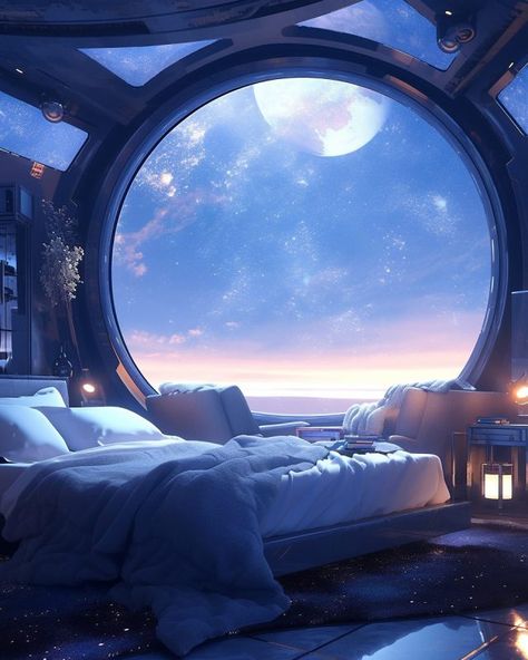 Moon Interior Design, Scifi Bedroom, Modern Futuristic House, Sci Fi Rooms, Spaceship Room, Sci Fi Bedroom, Futuristic Living Room, Vtuber Room, Futuristic Room