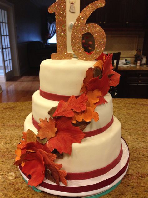 Fall Themed Sweet 16 Cake. Handmade gumpaste leaves and "16" Topper. For orders and inquiries:  Facebook.com/viewsweetconfections Sweet 16 Wallpaper, Fall Sweet 16, Sweet 16 Candle Holder, Country Sweet 16, Halloween Sweet 16, Sweet 16 Cupcakes, Sweet 16 Candles, Sweet 16 Party Favors, Sweet 16 Centerpieces