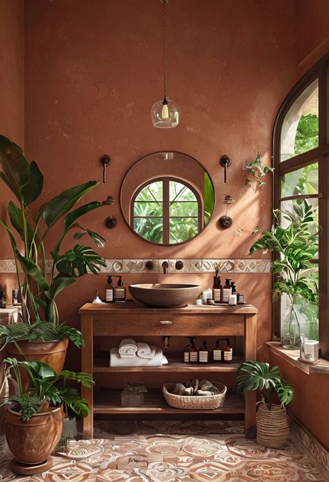 This bathroom exudes a warm, inviting ambiance with its rich earthy tones and natural elements. The terracotta-hued walls create a grounding atmosphere, while the wooden vanity and stone sink add a touch of rustic charm. Lush greenery, including a large Strelitzia nicolai  and a Monstera , brings life and freshness to the space, enhancing the connection to nature. 
The patterned tile floor adds a subtle visual interest, tying together the various textures and colors. This bathroom is a perfect blend of comfort and style, creating a serene sanctuary for relaxation. Patterned Tile Floor, Strelitzia Nicolai, Green Bathroom Ideas, Patterned Tile, Wooden Vanity, Patterned Floor Tiles, Stone Sink, Connection To Nature, Green Bathroom