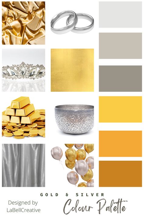 White And Gold Color Pallete, Mixed Metals Color Palette, Metallic Colour Palette, Golden Colour Palette, Metal Color Palette, Silver Colour Palette, Copper Colour Palette, Colour Pairing, Aesthetic Colour