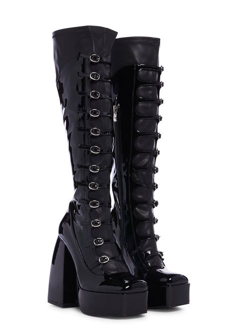 Dollskill Boots, Dolls Kill Boots, Cool Heels, Black Long Boots, Long Black Boots, Koi Footwear, Dolls Kill Shoes, Goth Shoes, Goth Boots