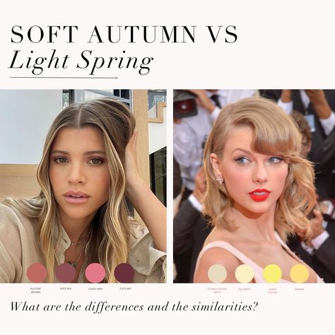 Soft Autumn VS Light Spring as requested 🤍 . #coloranalysis #colouranalysis #lightspring #softautumn #taylorswift #sofiarichie #coloranalyst Soft Autumn Vs True Spring, Soft Autumn Vs Light Spring, Light Spring Vs Soft Autumn, Light Autumn Color Palette, Light Spring Celebrities, Soft Autumn Color Palette, Soft Summer Color Palette, Autumn Soft, Soft Summer Colors