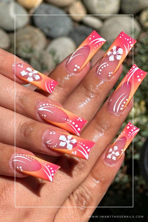 sunset hibiscus flower nails Hawaii Nails, Sunset Nails, Tropical Nails, Colored Acrylic Nails, Summery Nails, Girly Acrylic Nails, Her Nails, Short Square Acrylic Nails, Unique Acrylic Nails