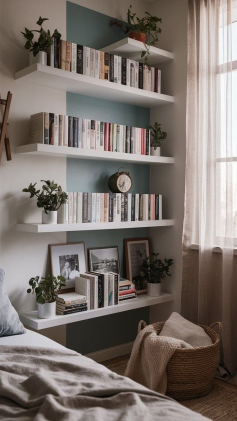 Small House Decorating Ideas Bedrooms, Wall Shelf Ideas Bedroom Storage, Cool Shelving Ideas Bedroom, Hanging Shelves Over Bed, Above The Bed Bookshelves, Book Shelf Bedroom Small Spaces, Book Storage In Small Spaces, Book Shelves For Bedroom, Clever Interior Design Ideas