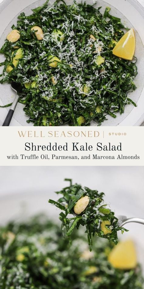 I make this Shredded Kale Salad with avocado and truffle oil about 3 times a week. Not an exaggeration. It's quick, no-cook, healthy, keeps me full for hours, and has the best texture and flavor. Because there's so few ingredients, the quality matters. Trust me when I say this will be the best 10 minute lunch you make all week! Gluten-free. #wellseasonestudio #kale #salad #kalesalad #avocado Salad With Avocado, Kale Salad Recipes, Beautiful Salad, Cook Healthy, Leftover Rotisserie Chicken, Truffle Oil, White Bean Soup, Soup Dinner, Cocktail Desserts