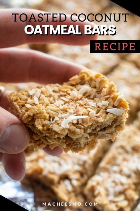 Just a few ingredients and PACKED with flavor! Easy No-Bake Toasted Coconut Oatmeal Bars with Peanut Butter and Honey. Kids love these and they are great after school snacks! macheesmo.com #coconut #oatmeal #bars #snacks Coconut Breakfast Bars, Easy Oatmeal Bars 3 Ingredients, Oatmeal Coconut Bars, Coconut Oat Bars, Bars With Peanut Butter, Toasted Oatmeal, Peanut Butter And Honey, Athletes Diet, Oatmeal Bars Recipes