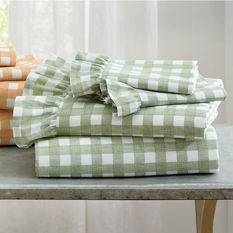 Ruffle Gingham Cotton Sheet Set | Seventh Avenue Green Gingham Bedding, Gingham Bedding, Gingham Sheets, Country Door, Thermal Curtains, Gift Inspiration, Outdoor Curtains, Big Girl Rooms, Cotton Sheet Sets