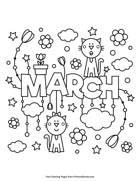 Free printable Spring Coloring Pages eBook for use in your classroom or home from PrimaryGames. Print and color this March coloring page. March Coloring Pages, March Colors, Spring Coloring Pages, Colouring Printables, Months Of The Year, Month Colors, Black And White Illustration, Color Pages, Printable Calendar