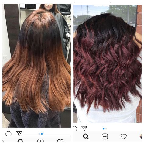 Easy Up Keep Hair Color, Brown To Red Ombre Hair Short, Brown Hair With Plum Highlights, Brown Hair Colors With Dark Roots, Dark Brown And Burgundy Hair, Burgandy Ombre, Burgandy Hair, Brown Hair Trends, December Hair