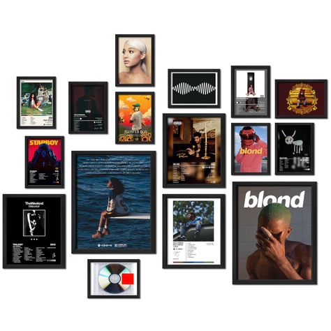 PRICES MAY VARY. 🎵【ALBUM COVER POSTERS SET】16 pcs album cover posters, include 2 pcs 11x14 inch posters, 3 pcs 8x10 inch posters, 11 pcs 5x7 inch posters. 🎵【VISUALLY STUNNING】Album cover posters are printed on a thick semi-gloss paper with a subtle matte finish to add texture and enhance the details of each image. It is our hope that these beautiful aesthetic pictures will add some color and sunshine to your walls and bring a smile to your face. 🎵【PERFECT GIFT IDEA】Share your love for the cla Poster Set Up Ideas Bedroom, Black Art Office Decor, Bedroom Music Posters, Posters On Wall Living Room, Room Art Ideas Wall Decor, Room Decor Pictures Wall Inspiration, Poster In Room Ideas, Cool Room Decor For Guys, Bedroom Framed Art