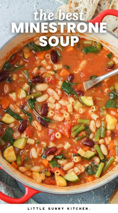 A classic Italian dish packed with hearty vegetables, beans, and pasta, this Minestrone Soup recipe is so easy and completely delicious! Vegetable Soup With Ditalini, Minestrone Soup Recipe With Meat, Ministroni Soup Recipe Italian, Ministroni Soup Recipe, Best Minestrone Soup, Italian Minestrone Soup Recipe, Easy Minestrone Soup, Best Chicken Soup Recipe, Italian Minestrone Soup