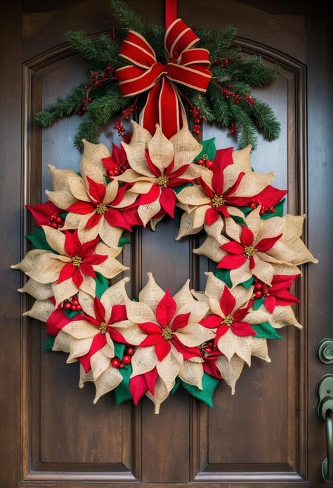 A Christmas wreath made of large red and white poinsettia flowers, hanging on a wooden door. Diy Poinsettia Wreath, Pointsetta Wreath, Poinsettia Wreath Diy, Red And White Christmas Wreath, Christmas Wreath Ideas, Poinsettia Wreath, Red And White Flowers, Evergreen Wreath, Pine Wreath