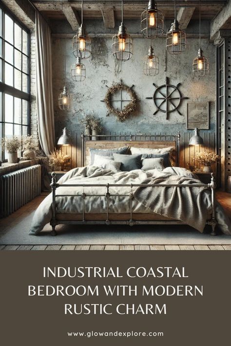 This bedroom blends industrial loft style with modern coastal decor, featuring exposed brick, rustic wood, and nautical accents for a unique, cozy retreat. 🌊 #ModernCoastalDecor #IndustrialStyle #RusticCharm #BedroomDesign Moody Beach House, Coastal Industrial Decor, Beach Room Aesthetic, Industrial Coastal, Moody Beach, Coastal Industrial, Modern Coastal Decor, Farmhouse Coastal, Inspirational Decor