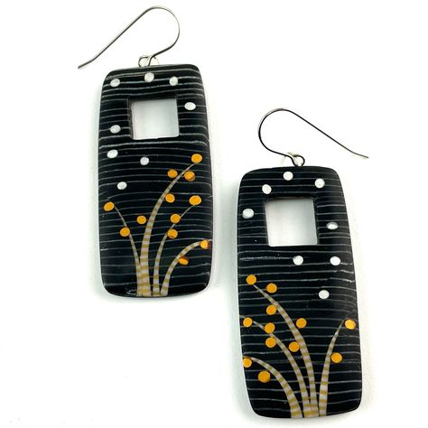 Polymer Earrings - A delicate botanical pattern shimmers on the surface of these rectilinear earrings. A little window opens opens the structure and lightens the feel of these earrings. Polymer clay marquetry with surgical steel hooks. Metal Earrings Handmade, Polymer Clay Art Jewelry, Rectangle Window, Clay Eye, Torch Fired Enamel Jewelry, Enameling Jewelry, Textured Earrings, Enameled Jewelry, Jewelry Ceramic