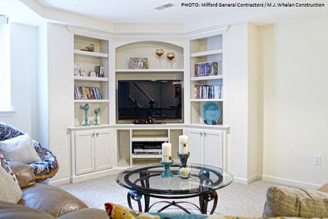 A Case For The Corner Television Corner Tv Living Room, Corner Entertainment Center, Corner Built In, Small Basement Remodeling, Tv Corner, Corner Tv Cabinets, Tv Living Room, Entertainment Center Design, Corner Tv Unit