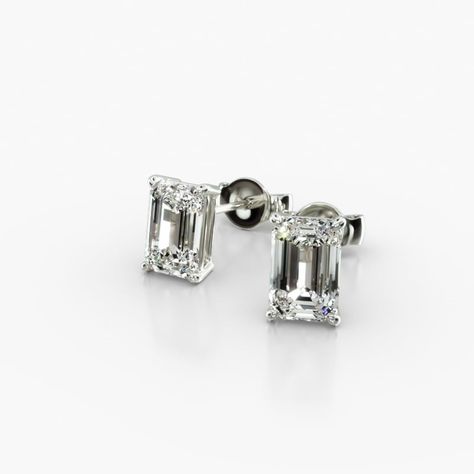 14K White Gold Emerald Cut Lab-Grown Diamond Stud Earrings (1.00 CTW - F-G / VS2-SI1). This pair of classic pear shape diamond earrings feature a tapered basket, showcasing the unique characteristics and striking outline of a pear shape diamond. Splinters of light shimmer and shine with every move. Emerald Cut Diamond Earrings, Emerald Cut Stud Earrings, Emerald Diamond Earrings, Carved Ring, Classic Wedding Rings, Round Cut Engagement Rings, Emerald Cut Diamond, Gold Pearl Necklace, Unique Characteristics