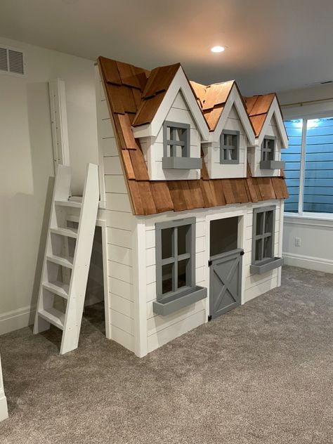 Custom designed and built playhouses! Playhouse In Bedroom, Under The Stair Playhouse, Playroom House On Wall, Playhouse Basement, Indoor Playhouse With Slide, Built In Playhouse Indoor, Inside Playhouse Ideas, Inside Kids Playhouse, Diy Indoor Playhouse