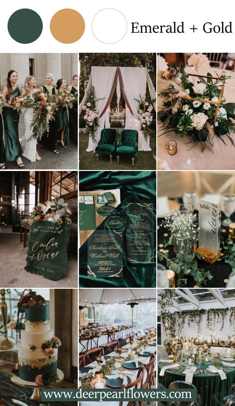 Green And Gold Wedding Theme, Gold Wedding Theme Ideas, Emerald Green And Gold Wedding, Green Fall Weddings, Gold Beach Wedding, Emerald Green Wedding Theme, Top Wedding Colors, Green And Gold Wedding, Gold Wedding Centerpieces