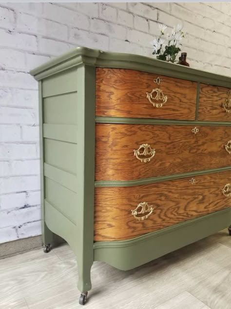 Unique Green Furniture, Natural Wood And Green Dresser, Repaint Old Dresser, Green Stained Wood Furniture, Trendy Dresser Furniture, Cottagecore Dresser Furniture, Sage Green And Wood Dresser, Vintage Dresser Makeover Antique, Terracotta Painted Furniture