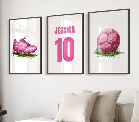 Introducing our Pink Football Prints Collection, a delightful trio of artworks that infuse the world of football with a touch of feminine flair! Whether you're seeking the perfect gift for a footballer, daughter, or girl who loves football, or aiming to infuse a bedroom with the spirit of the game in a girly way, these prints are sure to enchant and inspire. The Pink Football Boot Print: Step onto the pitch in style with this charming print featuring a pink football boot against a backdrop of lu Soccer Room Ideas For Girls Bedrooms, Girls Soccer Bedroom, Soccer Bedroom Decor, Soccer Themed Room, Room Decor Girls Bedroom, Pink Teen Girl Bedroom, Soccer Themed Bedroom, Bedroom Football, Football Room Decor