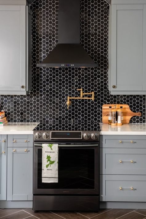 kitchen with black hex tile backsplash and gold pot filler over range Backsplashes With White Cabinets, Kitchen Backsplashes With White Cabinets, Hex Tile Backsplash, Classic Backsplash, Backsplash For White Cabinets, Black Backsplash, Kitchen Diy Makeover, Gray Cabinets, Kitchen Backsplashes