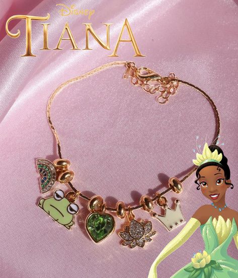 #princesstianabracelet #princesstianacharmbracelet #princessandthefrogbracelet #princessbracelet #charmbracelets Princess Tiana Rings, Tiana Jewellery, Princess And The Frog Jewelry, Disney Princess Bracelet, Tiana Crown, Princess Tiana Party, Princess Tiana Dress, Tiana Wedding, Black Disney Princess