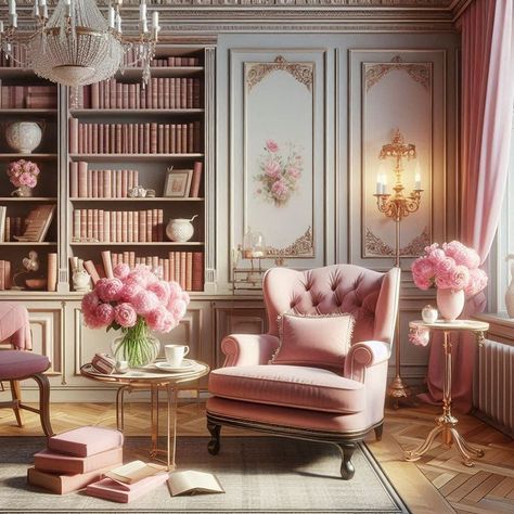 Pink Reading Chair, Pink Victorian House Interior, Pink Reading Nook, Victorian Home Library, Romance Bookstore, Victorian Room Decor, Pink Library, Pink Victorian House, Library Renovation