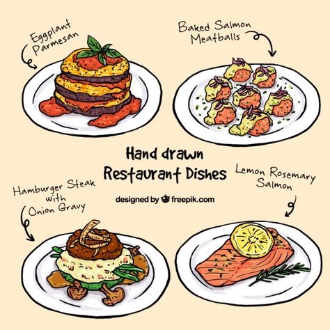 Collection of sketches delicious menu  Free Vector Menu Drawing Design, Plating Drawing, Food Plating Drawing Sketch, Food Plate Drawing, Plate Sketch, Salmon Meatballs, Salmon Steak Recipes, Rosemary Salmon, Sketch Menu