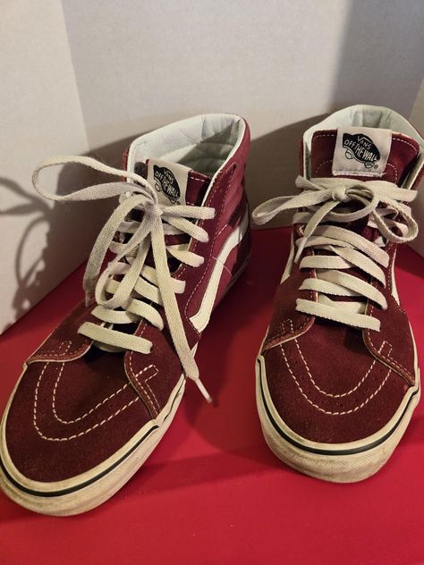 Vans Sk8 high tops maroon and white. Men's sz 6.5 and women's sz 8. Vans Sk8 High, Vans Skateboard, High Top Vans, Vans Sk8, Custom Clothes, High Top Sneakers, High Tops, Skateboard, Athletic Shoes