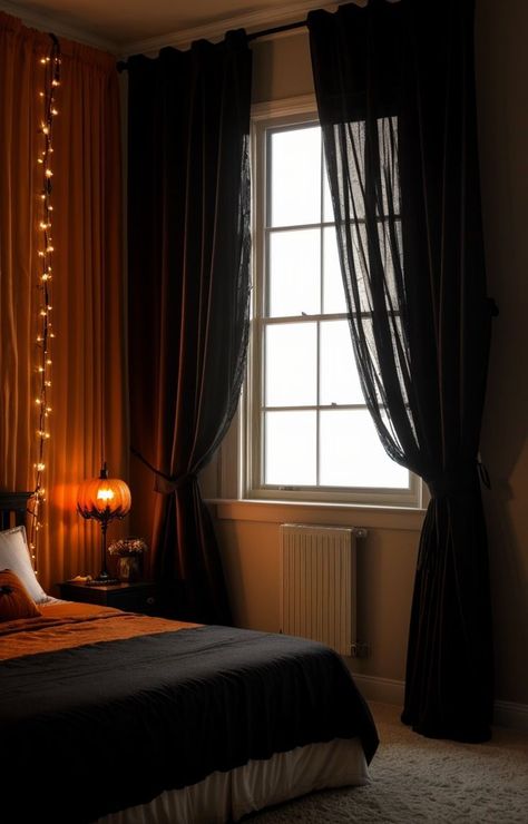 Cozy Halloween Bedroom, Curtains Orange, Orange String Lights, Chic Halloween Decor, String Fairy Lights, Cozy Halloween, Halloween Bedroom, Dark Curtains, Chic Halloween