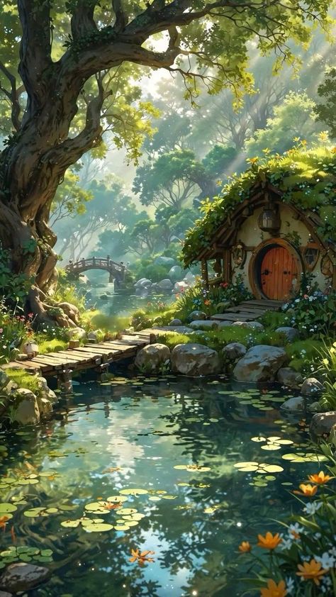 Pond With Lily Pads, Fairytale Cottage, Dreamy Artwork, Image Nature, Large Tree, Wooden Bridge, Woodland Scene, Vibrant Flowers, Fantasy Places