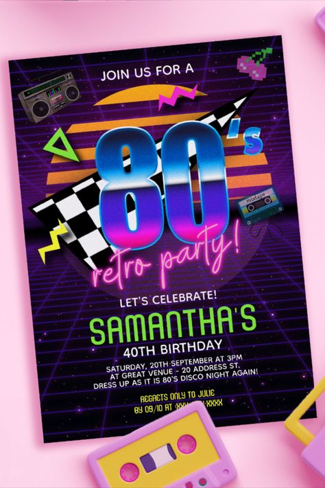 80s Retro Birthday Party Invitation 80s Retro Birthday Party Invitation - Travel back to the totally bodacious 80’s with this one in a million retro 80s birthday invitation #oldschool #80s #eighties #retro #fourty #40thbirthday #birthday #happybirthday #birthdaycards #birthdayparty Retro Birthday Party, Birthday Party Flyer, Retro Birthday Parties, 80s Birthday, Throwback Party, 80th Birthday Invitations, 80s Theme Party, Bday Invitations, 40th Birthday Invitations