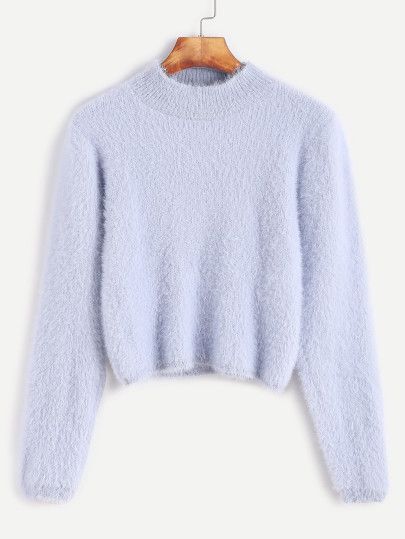 Pale Blue Crew Neck Crop Fuzzy Sweater Crew Neck Sweaters, Sweaters Blue, Pullovers Outfit, Fuzzy Pullover, Blue Crew, Women Sweaters, Long Sleeve Pullover Sweater, Fuzzy Sweater, Simple Trendy Outfits