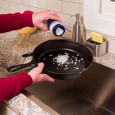 Best Way to Clean a Cast Iron Skillet Cleaning Cast Iron Skillet, Cast Iron Cleaning, Coarse Salt, Iron Skillets, Car Wax, Family Handyman, How To Remove Rust, Salad Bar, Cast Iron Skillet