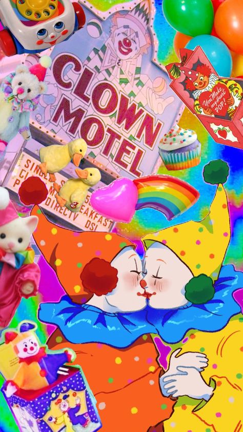 What if we kissed at the clown motel???😩 #clowncore #clown #clowns #moodboard #wallpaper #artcollage Clowncore Wallpaper, Clown Motel, What If We Kissed, Clown Wallpaper, Clown School, Kidcore Wallpaper, Clowncore Aesthetic, Moodboard Wallpaper, We Kissed