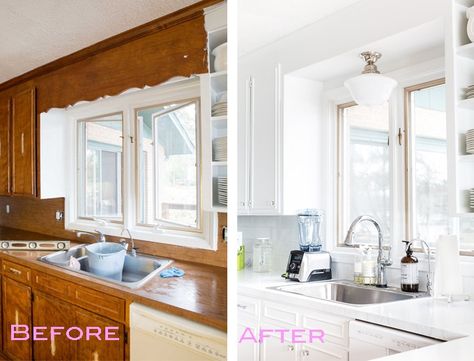 Before and after kitchen where the dated scalloped wood valance over the kitchen sink was removed. This post shows you how to do it. Wooden Valance, Kitchen Sink Remodel, Over Kitchen Sink, Kitchen Sink Lighting, Above Kitchen Sink, Over The Kitchen Sink, Wood Valance, Kitchen Sink Window, Before And After Kitchen