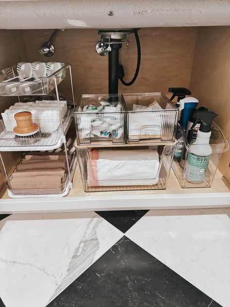 Under the sink organizing #amazonhome Organize Kitchen Sink, Under The Sink Organization, Under Kitchen Sink, Under Kitchen Sink Organization, Townhouse Ideas, Modern Kitchen Sinks, Kitchen Sink Organization, Sink Organization, Apartment Goals