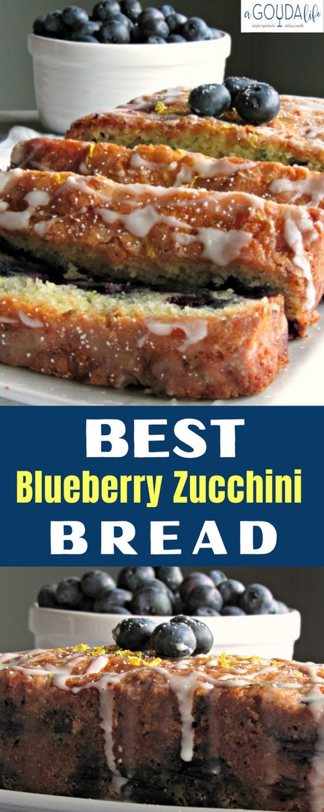 The absolute BEST Blueberry Zucchini Bread I've ever made! Moist, loaded with blueberries, shredded zucchini and a burst of lemony flavor with a light lemon glaze. Delicious dessert bread - perfect for breakfast, brunch or snack. #zucchinibread #blueberrybread #zucchiniblueberrybread #blueberryzucchinibread #dessertbread #quickbread #blueberries #zucchini #zucchinirecipes #blueberryrecipes #agoudalife Blueberry Zucchini Bread Recipes, Lemon Blueberry Zucchini Bread, Blueberry Zucchini Bread, Blueberry Zucchini, Blueberry Bread Recipe, Zucchini Recipes Dessert, Lemon Zucchini Bread, Chocolate Blueberry, Lemon Blueberry Bread