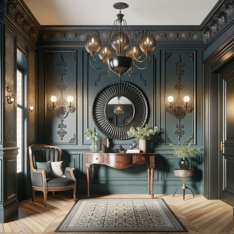 Modern Victorian Entryway, Edwardian Interior Design, Modern Dark Office, Victorian Interior Design 19th Century, Victorian Modern House, Victorian Homes Interior Modern, 1890s Aesthetic, Green Plants Wallpaper, Moody Entryway