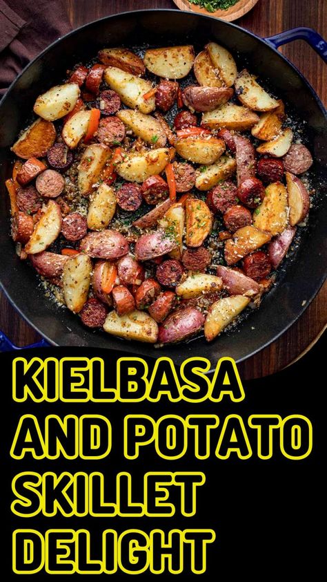 Kielbasa and Potato Skillet Delight Kielbasa With Potatoes, Skillet Kielbasa Recipes, Healthy Keilbasa Recipes, Fried Potatoes And Kielbasa, Kielbasa And Potatoes Skillet, Keilbasa Recipes Dinner, Polska Kielbasa Recipes, Potato Kielbasa Skillet, Kielbasa Potatoes