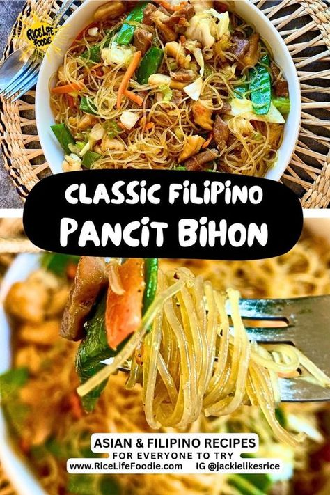 This authentic, classic Filipino pancit recipe exemplifies Philippines recipes with the kind of pancit recipe my mom used to make!  The meat is super tender and the vegetables are colorful. This is the best pancit noodle recipe that makes for easy dinner ideas and party food ideas.  You can't go to any Filipino party without seeing pancit invited. I make this for my kids, and they love it too!  Follow my step by step instructions so the meat is VERY tender and not dry and the pancit is perfectly cooked! Pancit Recipe Filipino Dishes, Pancit Noodles Recipes, Filipino Noodles Pancit Recipe, Filipino Recipes Pancit, Philippine Pancit Recipe, Pansit Recipe Filipino Dishes, Banh Pho Noodles Recipe, Phillipine Food Recipes, Easy Pancit Recipe